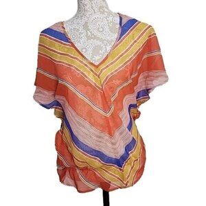 Dolled up by Fang Top Sheer Colorful Short Sleeve Elastic Waist Women's Large